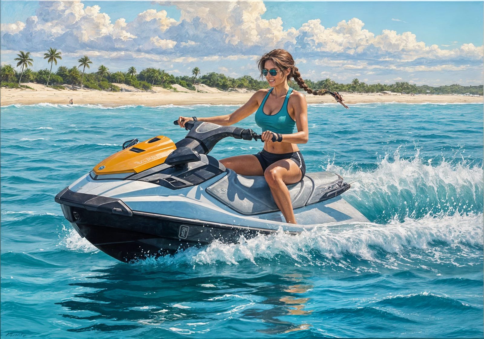 Lara Croft Rides Jetski in Impressionist Seascape
