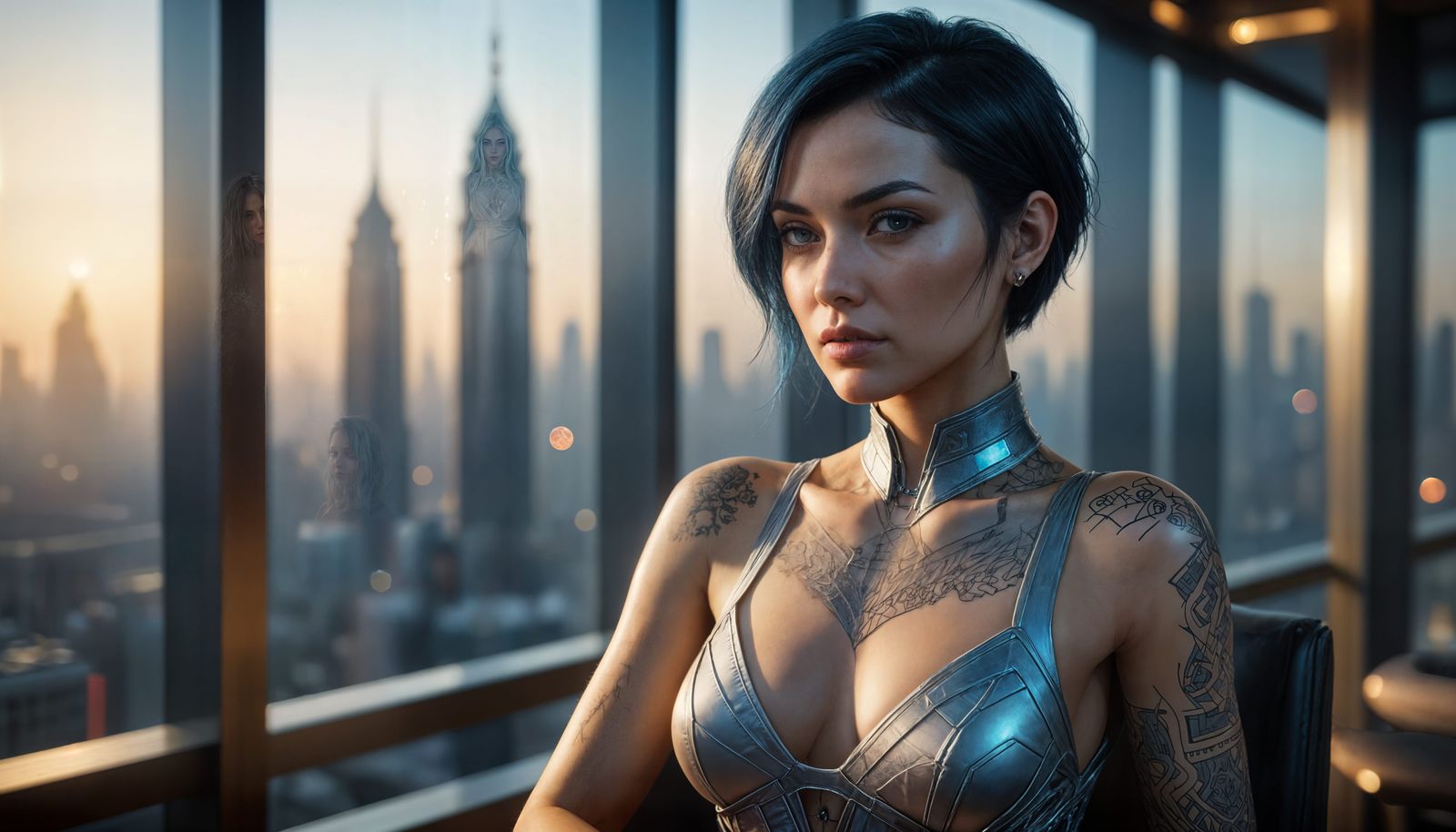 Cyberpunk Woman with Cybernetic Tattoos in Penthouse