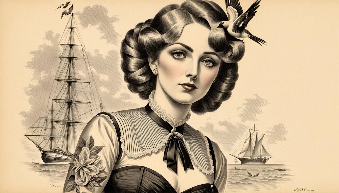 Victorian Pin-Up Girl Tattoo in Pencil Sketch Style