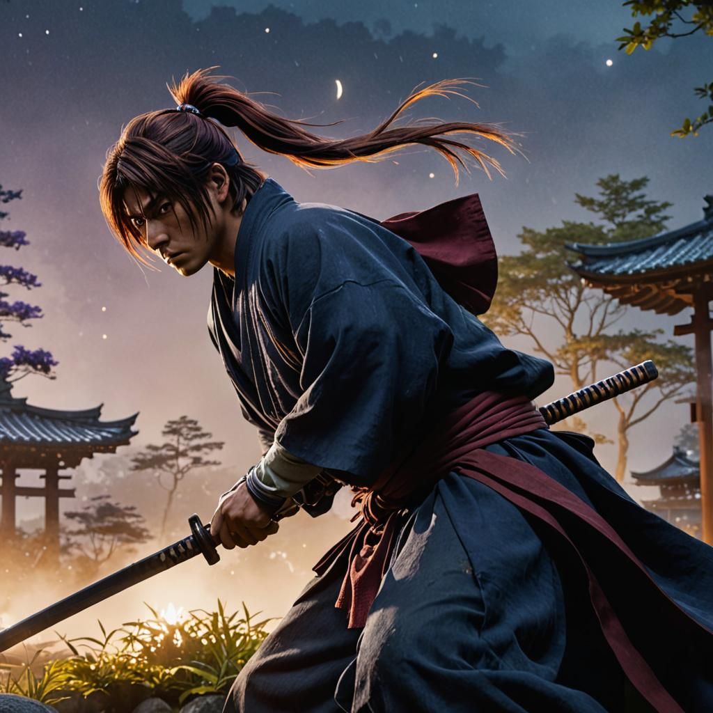 Samurai in Moonlit Garden: Digital Matte Painting