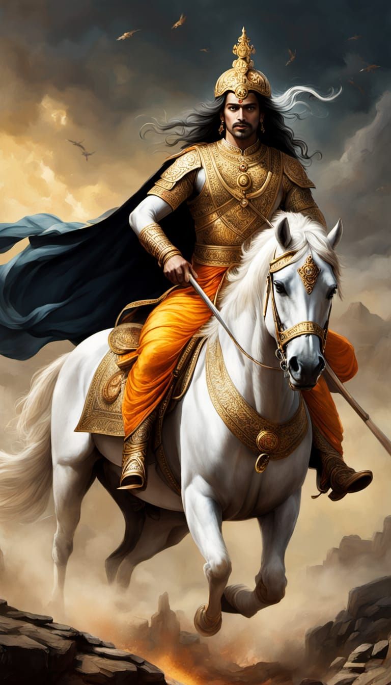 Epic Scene of Shree Krishna and Arjuna on Grand Chariot in K...