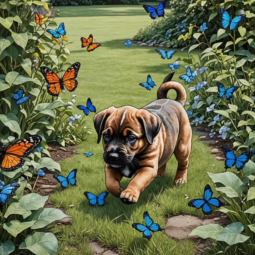 Stained Glass Puppy Chasing Butterflies