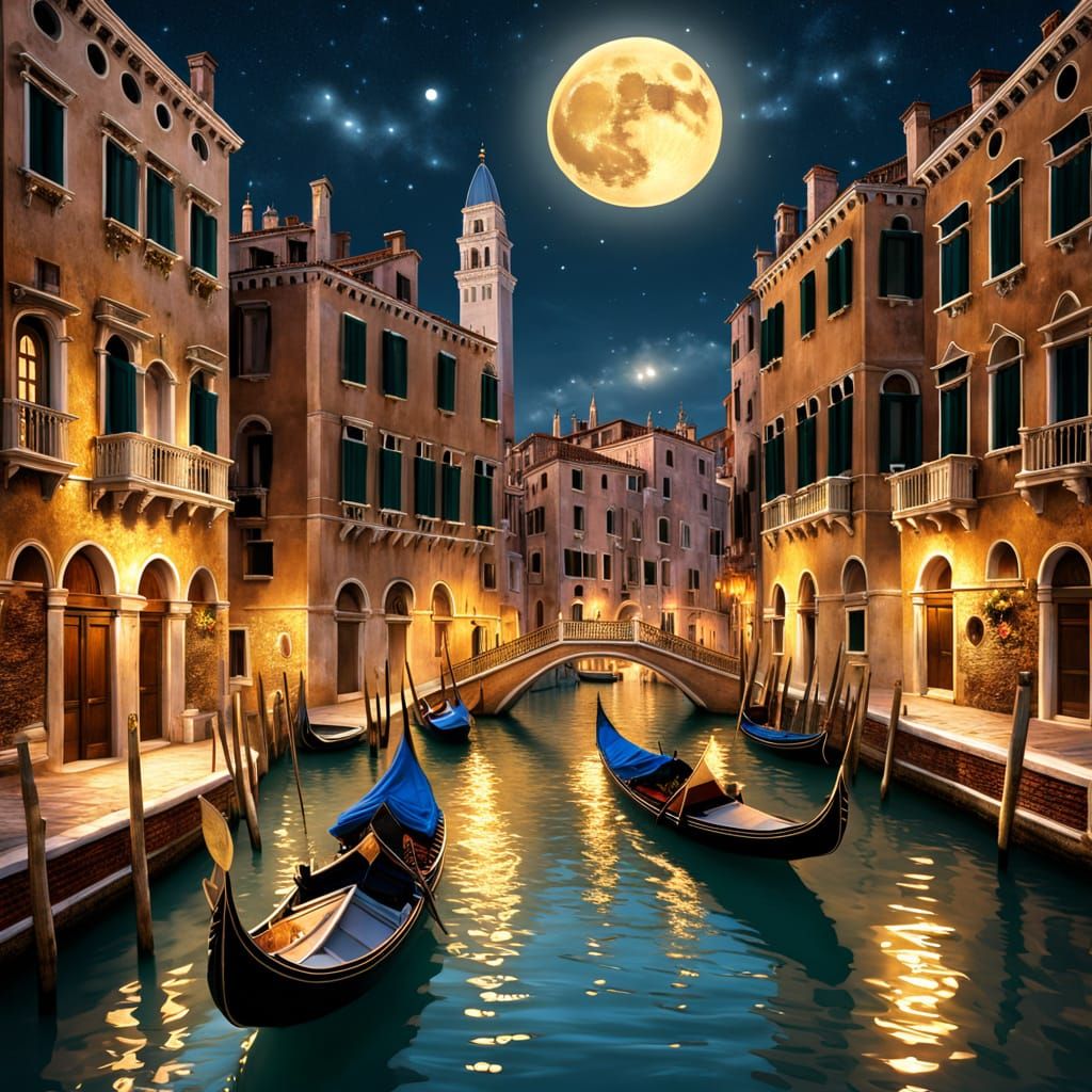 Breathtaking Venetian Canal Night Scene with Golden Moon Ref...
