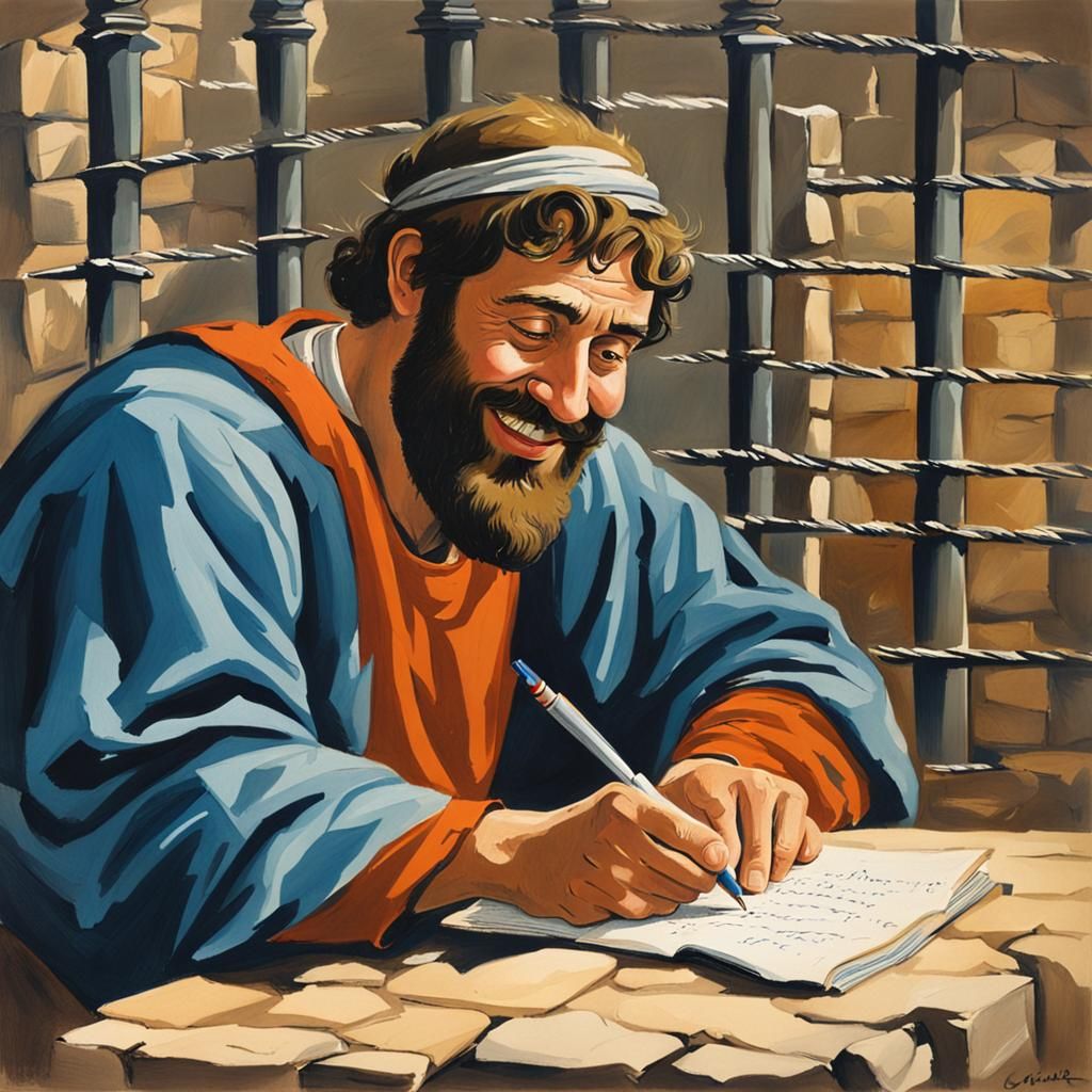 Paul Writing a Letter in Prison as Gouache Painting
