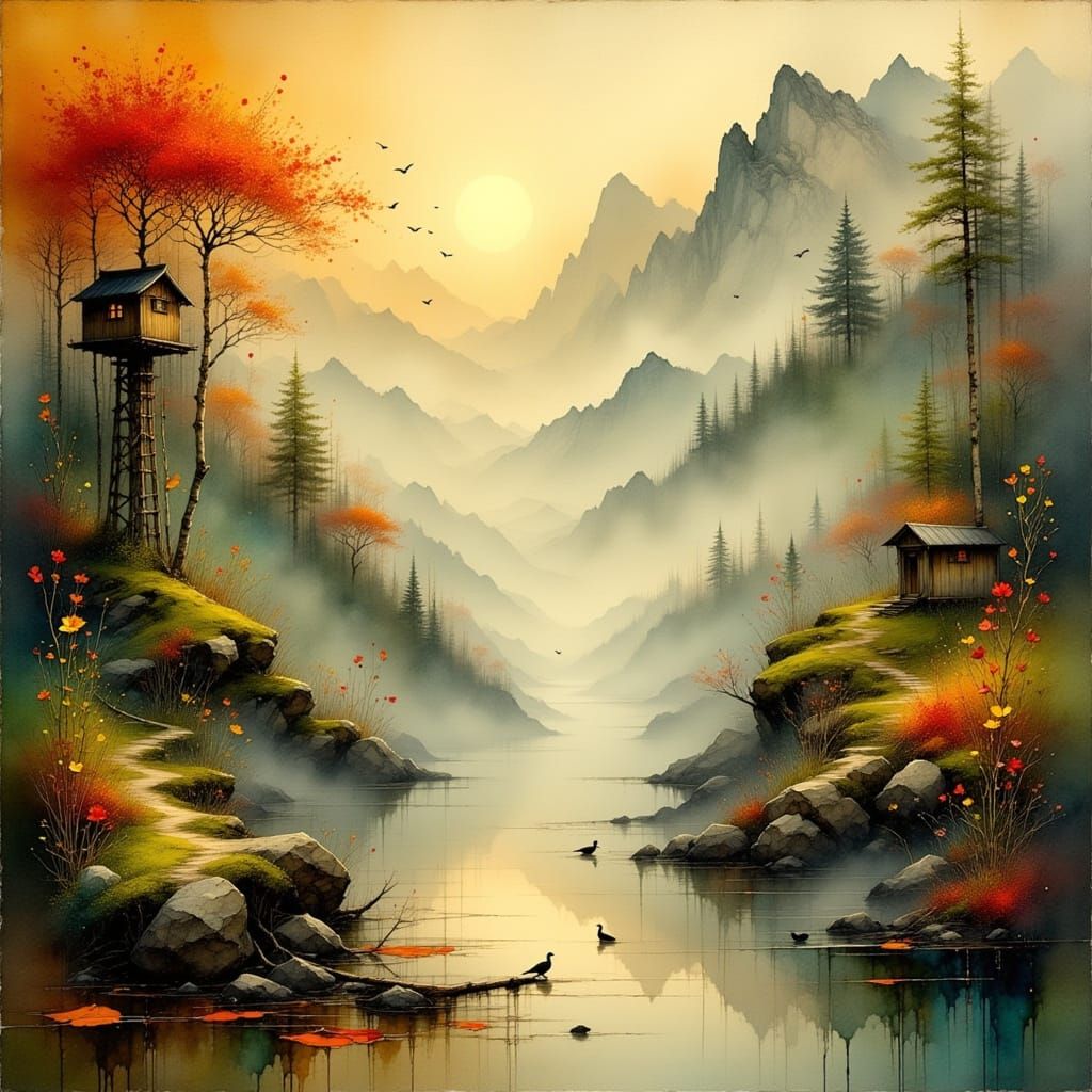 Misty Woodland Mountain Vista with Crane and Golden Light