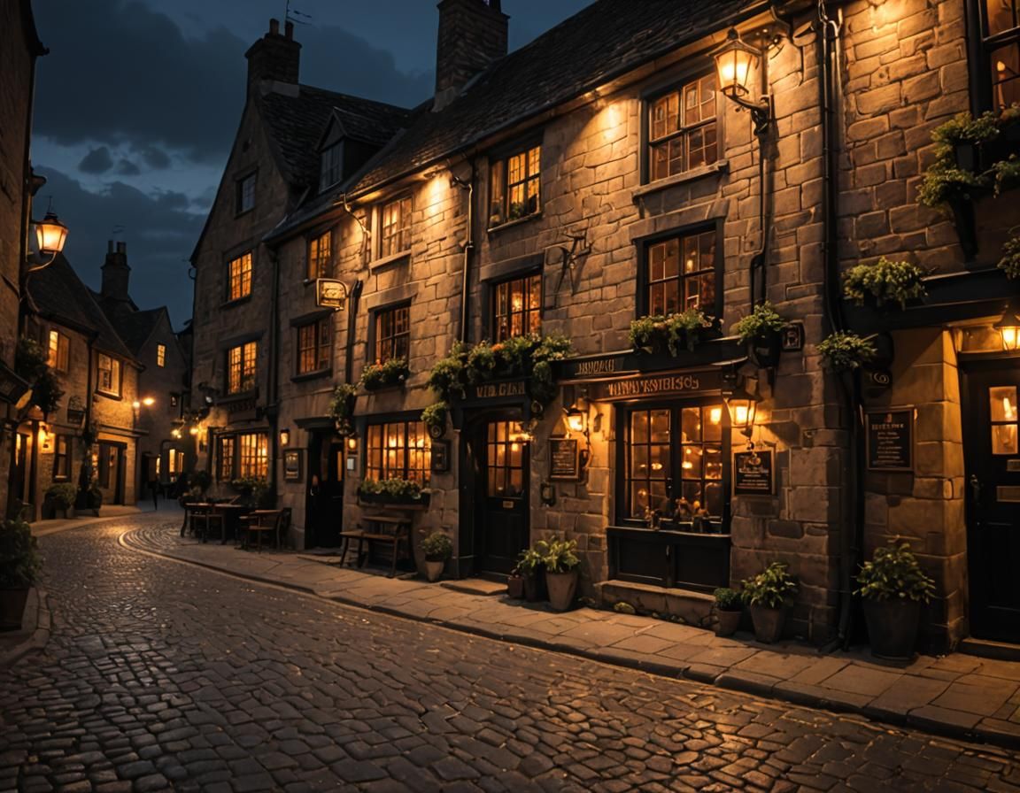 Inviting Medieval English Pub at Night