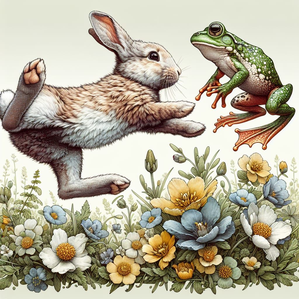 Rabbit and Frog Jumping Competition in Wildflower Meadow
