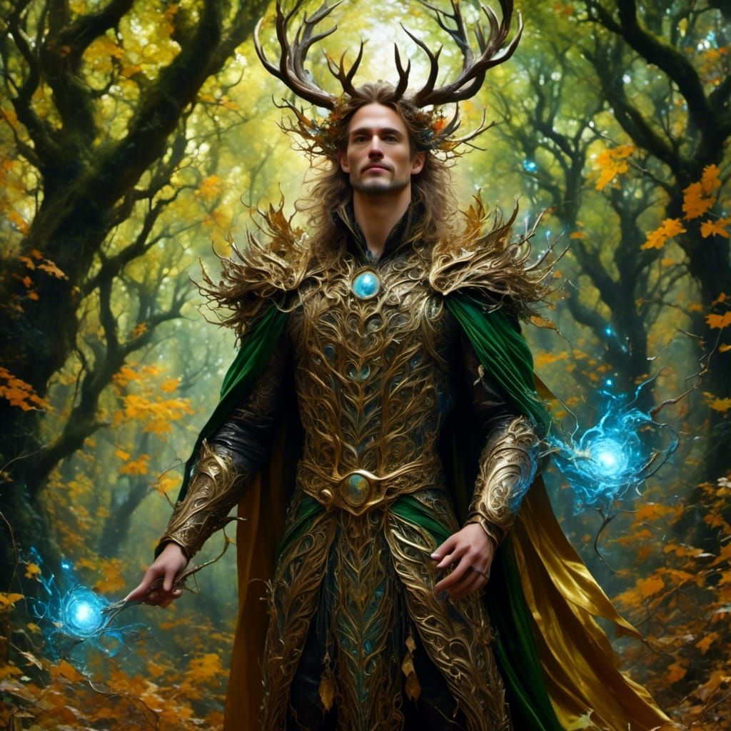 Enchanted Sorcerer King Spellcasting in Fantasy Woods