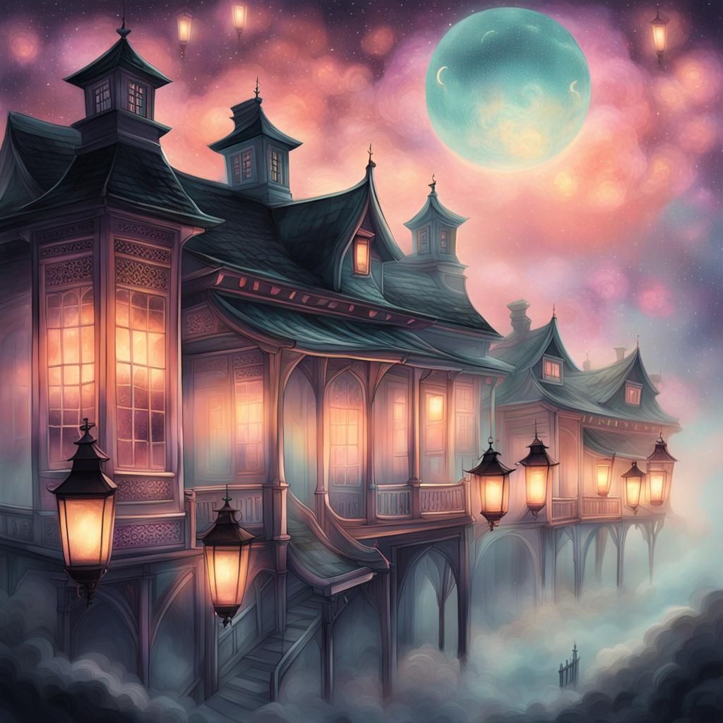 Ethereal Lantern Path to Dream House: Surreal Illustration