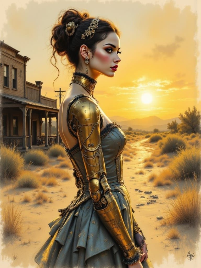 Steampunk Goddess Rides into Sunset, Defying the Lonely Town