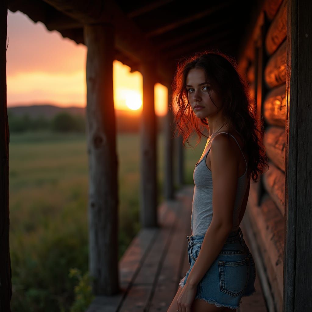 Rustic Cabin Portrait at Sunset, Hyperrealistic Style