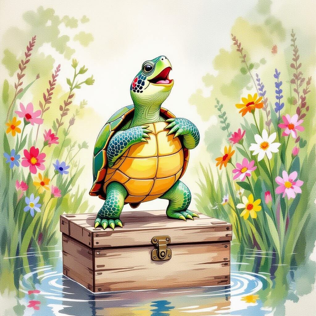 Singing Turtle in Watercolor Garden Setting