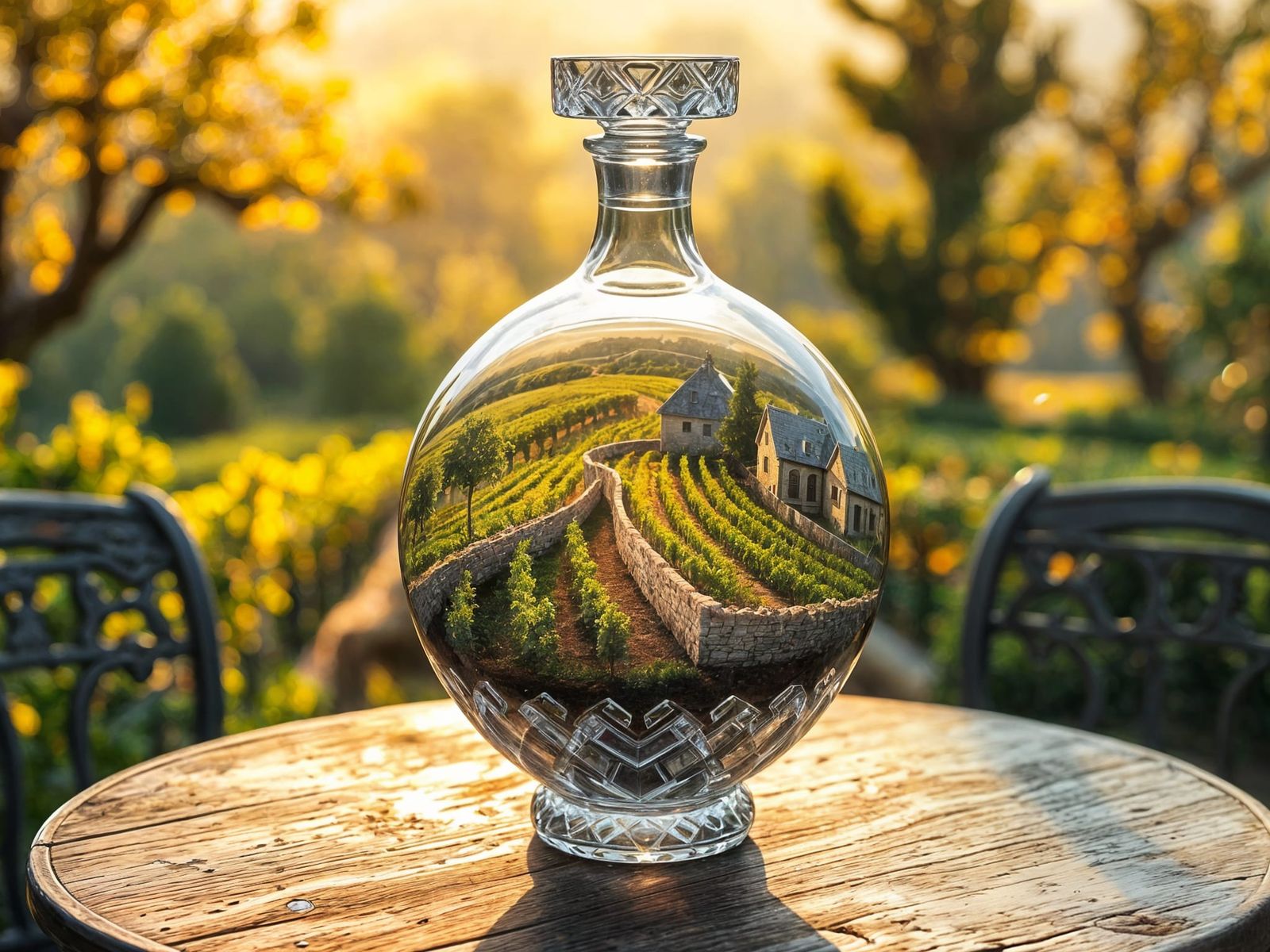 Surreal Vineyard Scene in a Wine Decanter