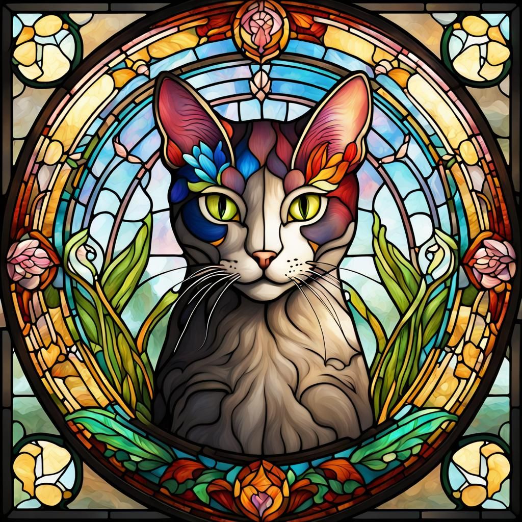 Art Nouveau Stained Glass Portrait with Cat