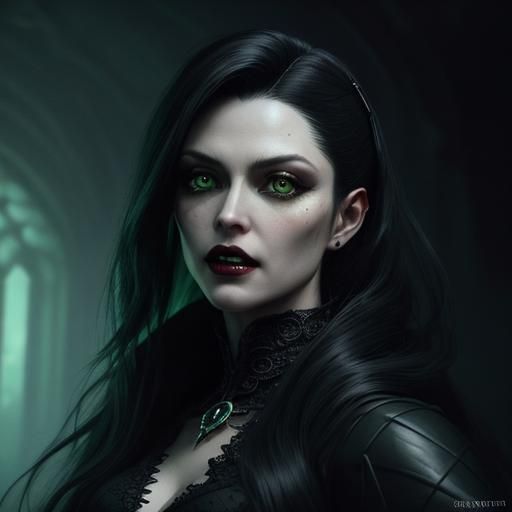 Hyperrealistic Vampire Queen in Dark Bedroom