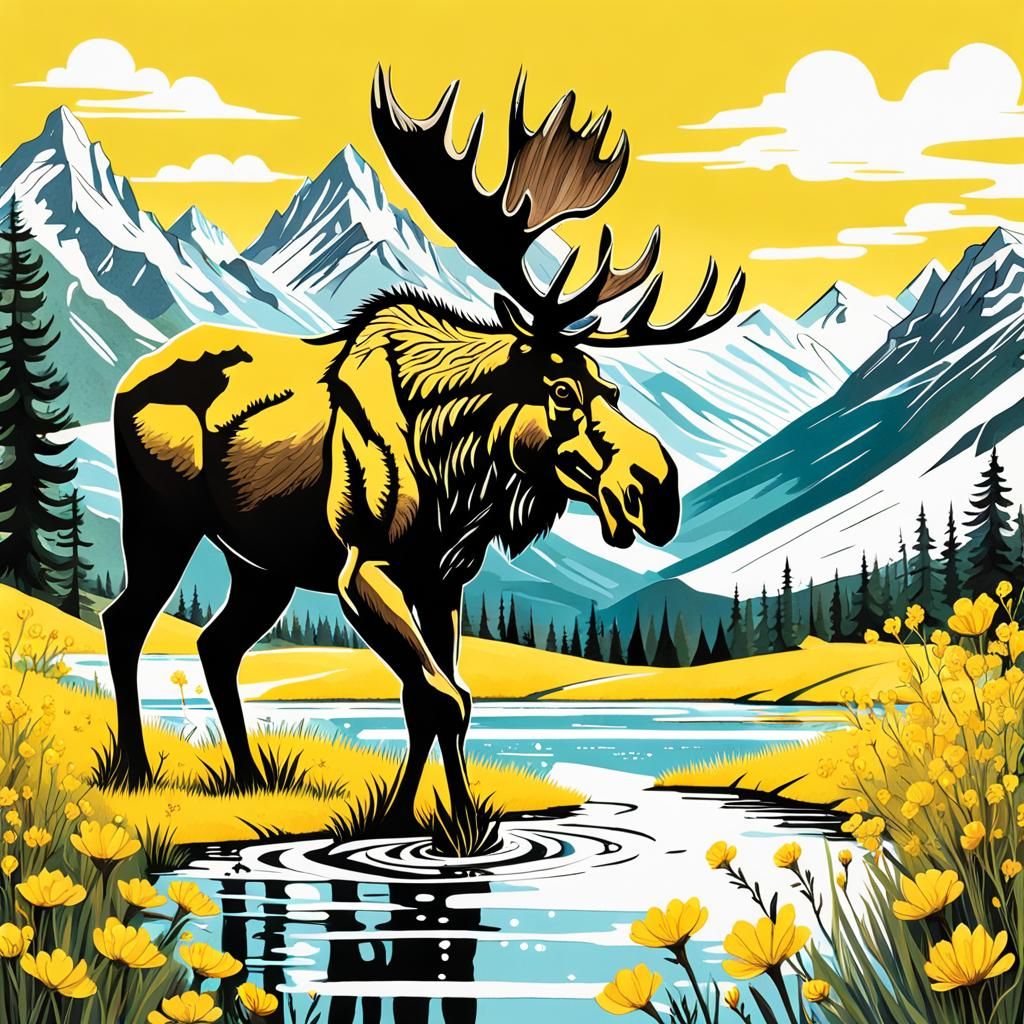 Happy Baby Moose in Mountain Meadow Painting
