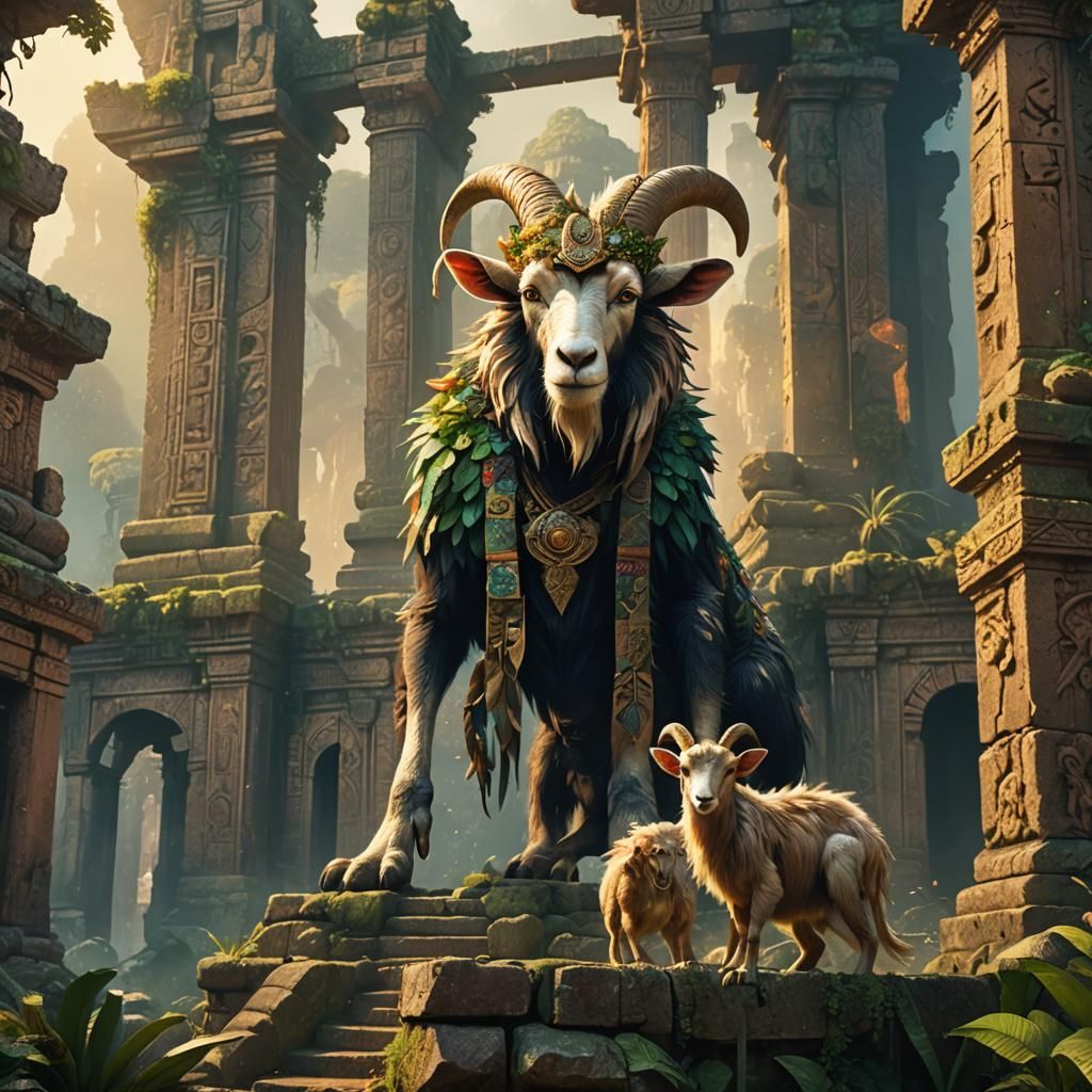 Goat Monkey in Ancient Temple Ruins