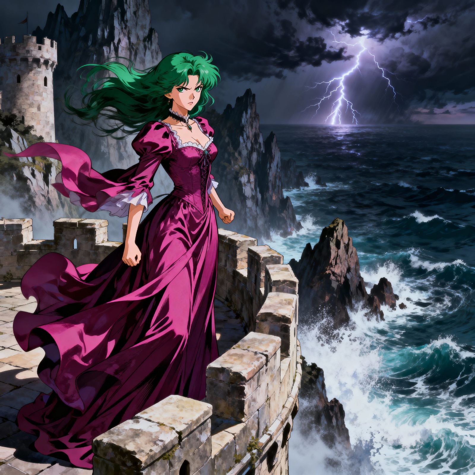 Anime Milady de Winter on Windswept Castle Battlement