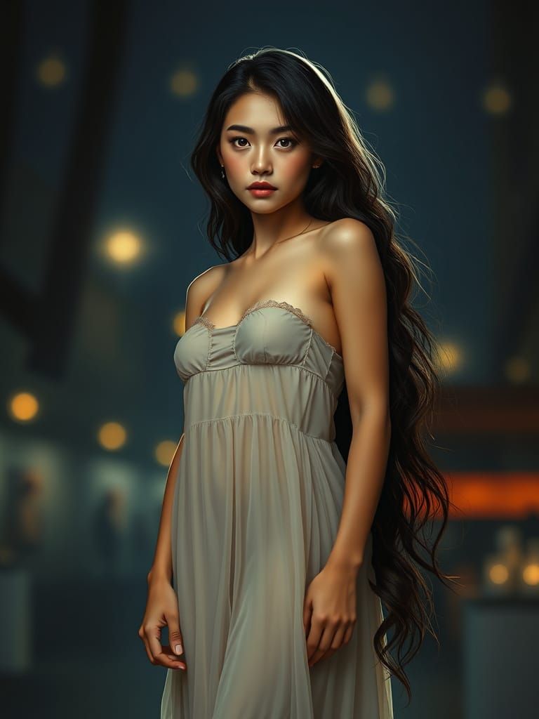 Elegant Thai Woman in Nightgown, Art Nouveau Style