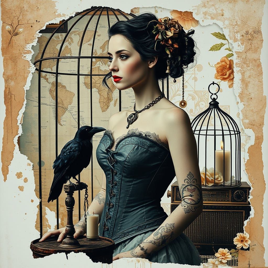 Woman in Birdcage: A Surreal Collage in Glitchy Khokhloma St...