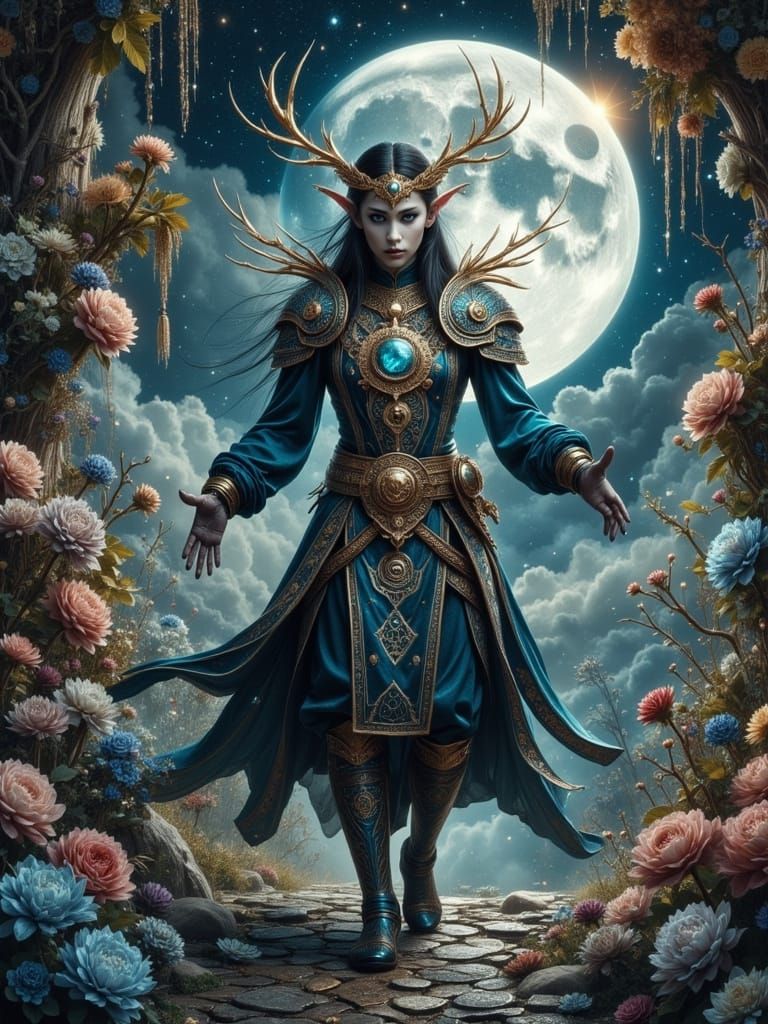 Dark Elf Ninja in Moonlit Garden, Neo-Baroque Style