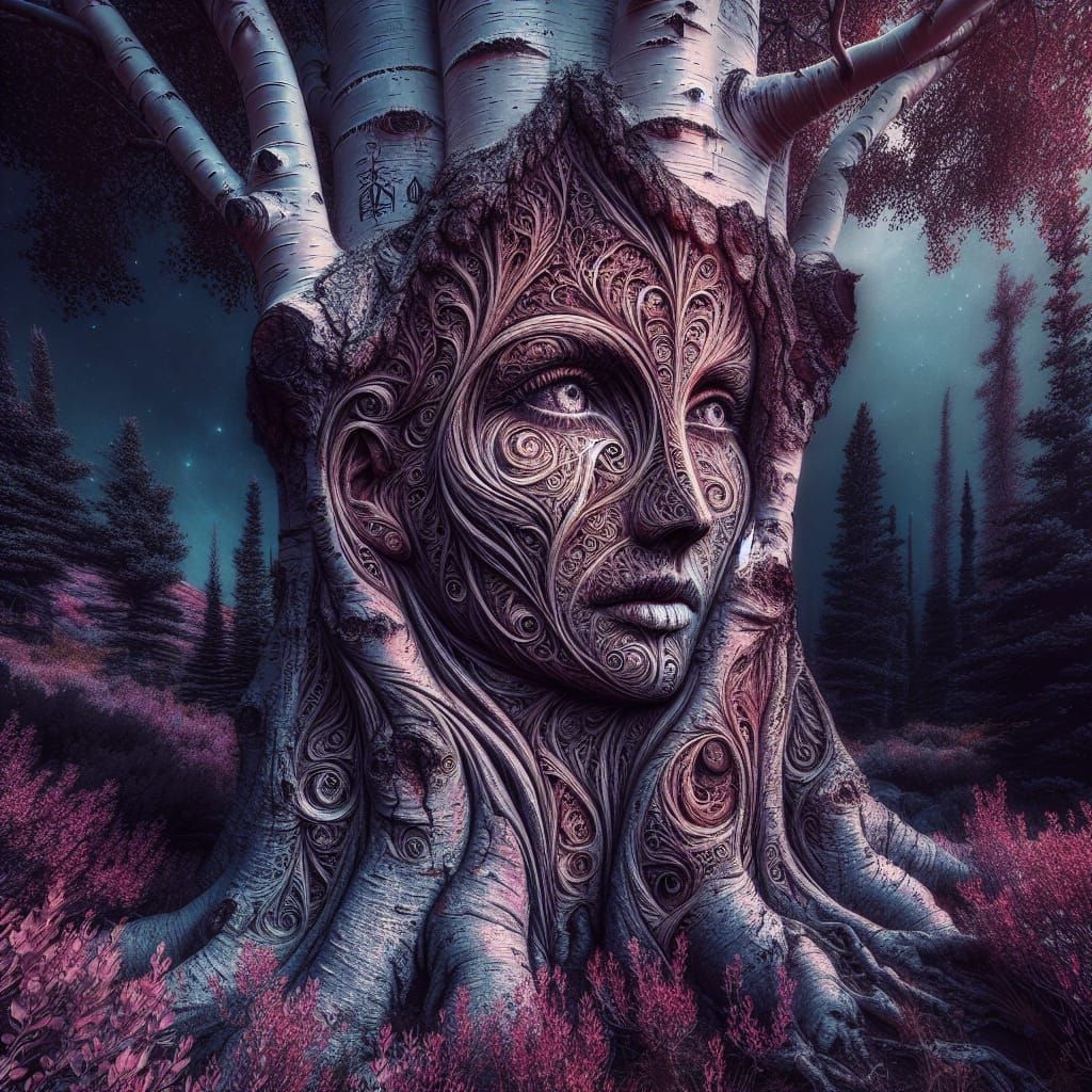 Mystical Aspen Tree with Gaelic Face and Runes