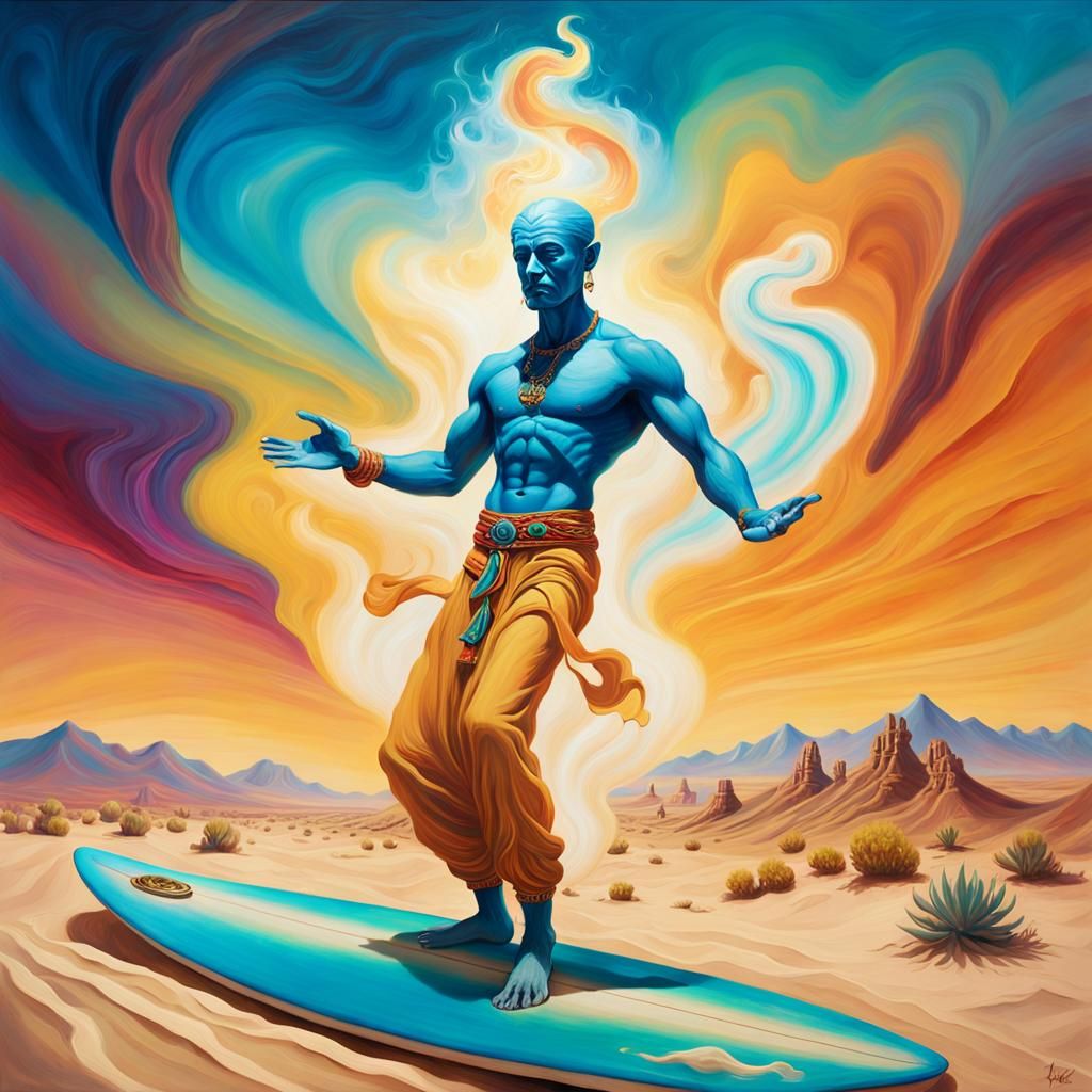 Surreal Genie Surfing in Desert Landscape