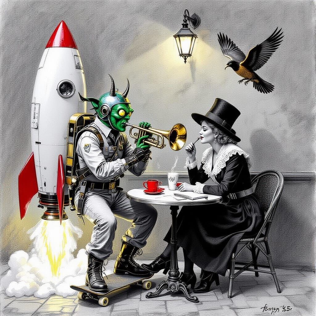 Surreal Dreamscape: Jazz Player, Goblin, and Rocket in Charc...