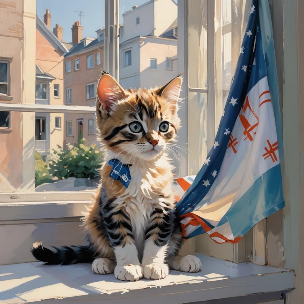Kitten Champions the Olympic Flag, Vibrant Pastel Art
