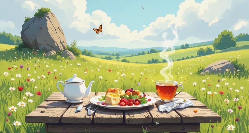 Sunny Meadow Scene with Table, Meal, and Tea Cup