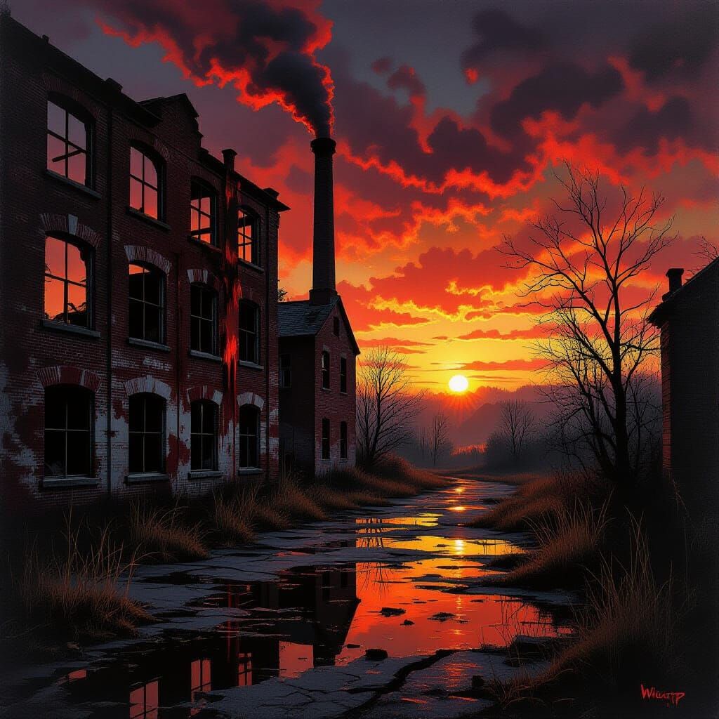 a silent abandoned textile mill painted with dark crimson li...