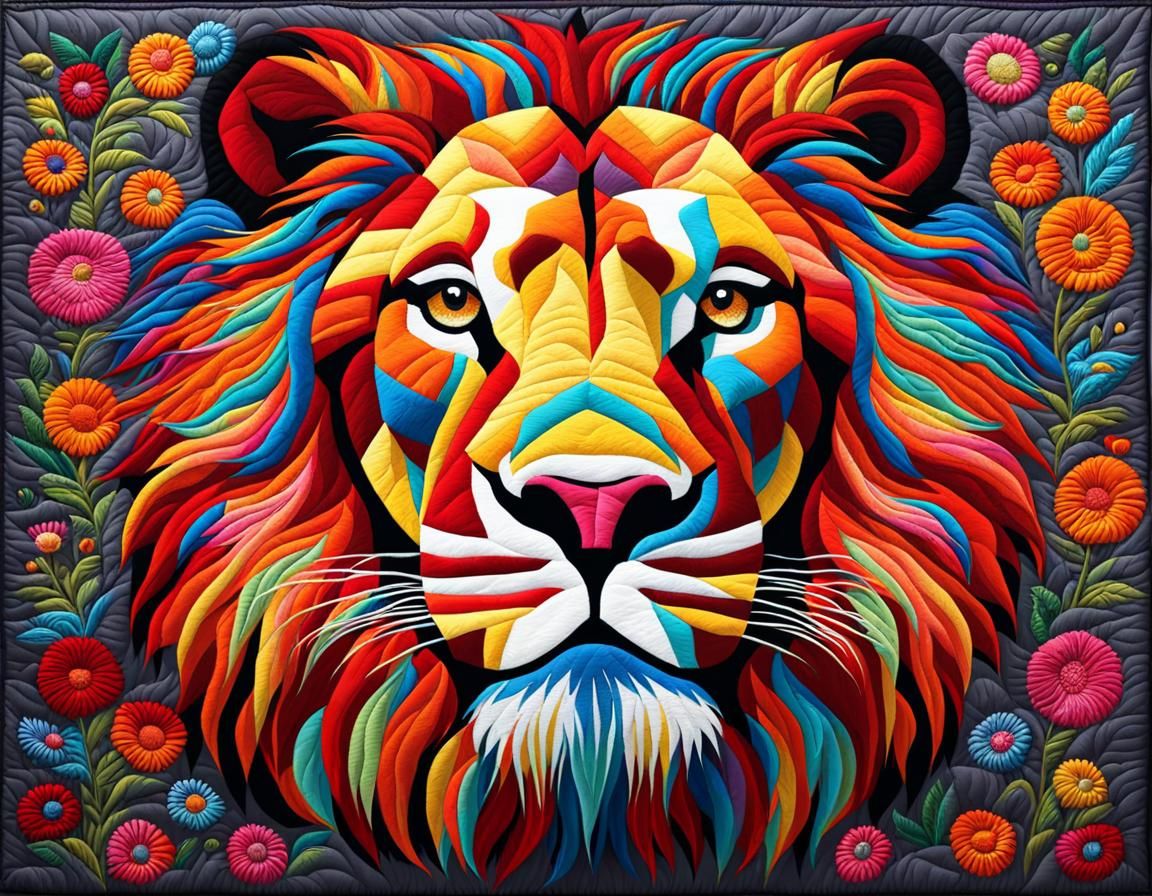 Embroidered Lion Quilt in Graffiti Art Style