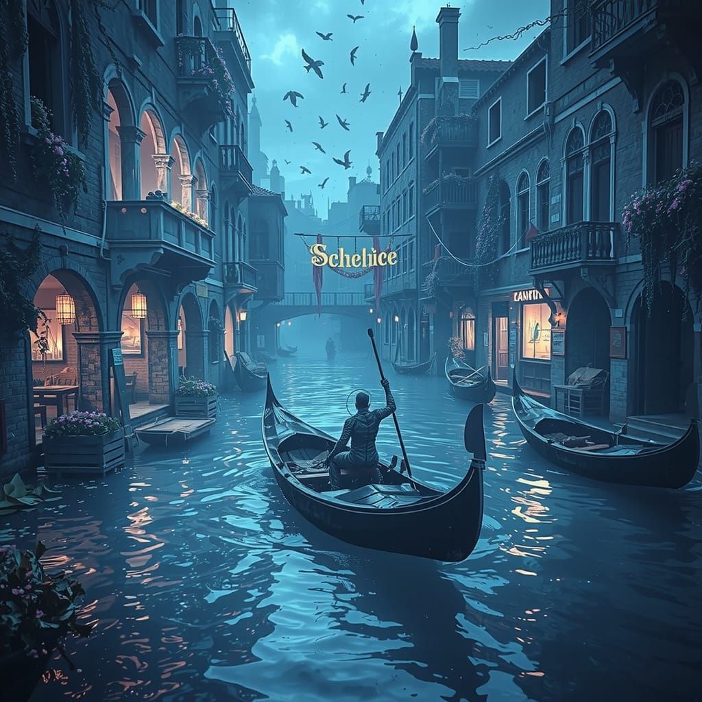 Submerged Venice: Spectral Gondolier in Bioluminescent Canal...