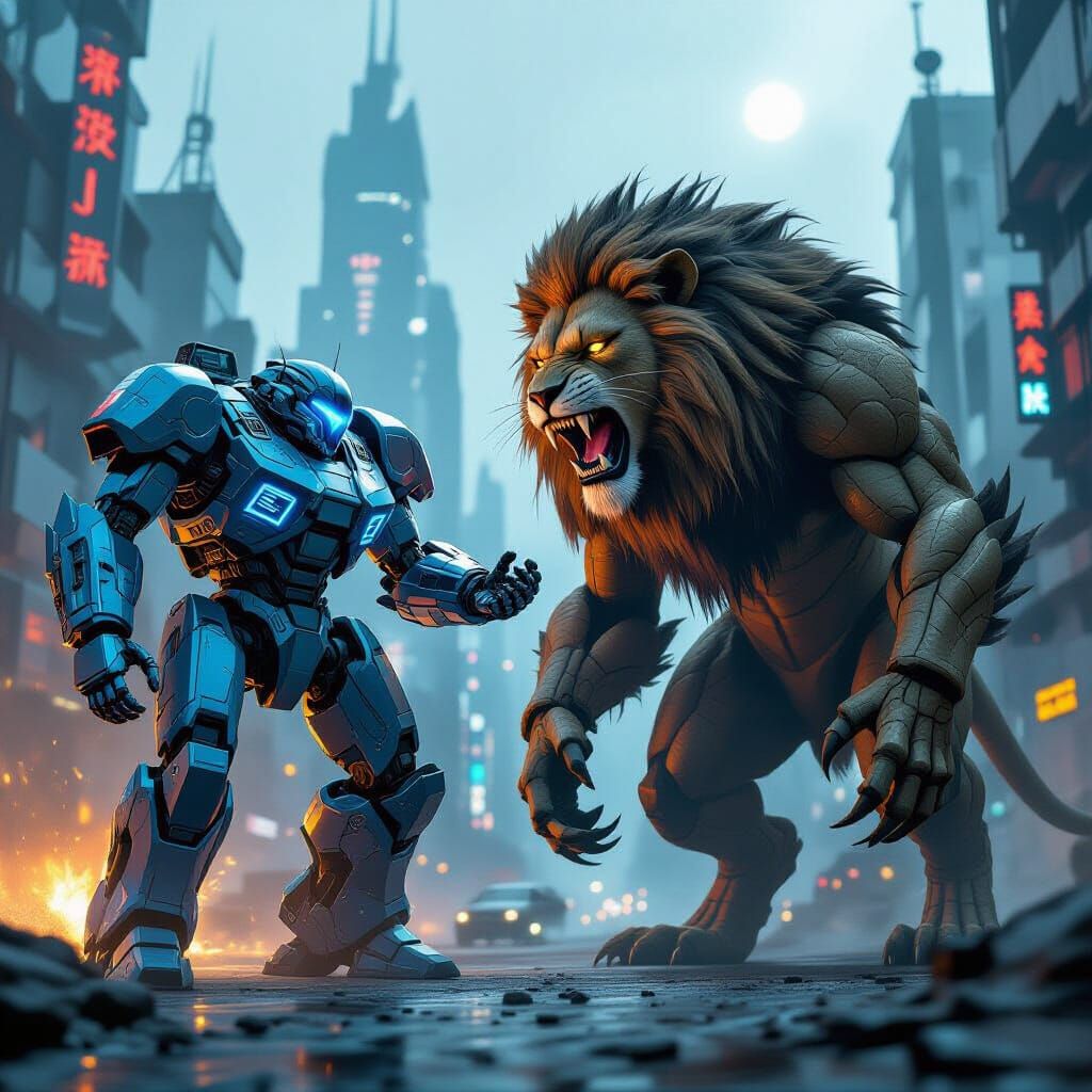 Futuristic Mech Battles Giant Robot Lion in Dystopian City