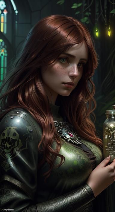 detailed portrait pretty girl coppery hair holding a jar wit...