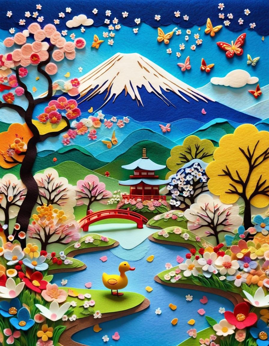 Serene Japanese Flower Meadow with Duck and Butterflies