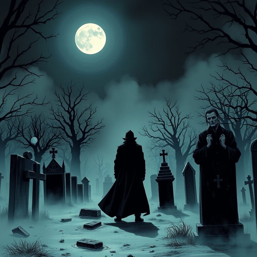 Gothic Figure in Cemetery Under Moonlight