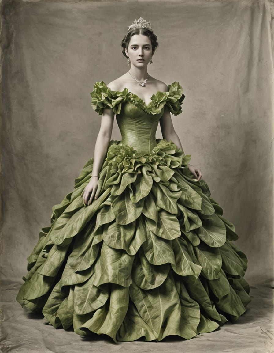 Elegant Woman in Lettuce Ball Gown: Vintage Photo