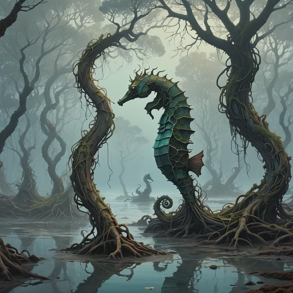 Mystical Seahorse Tree in Digital Painting Style