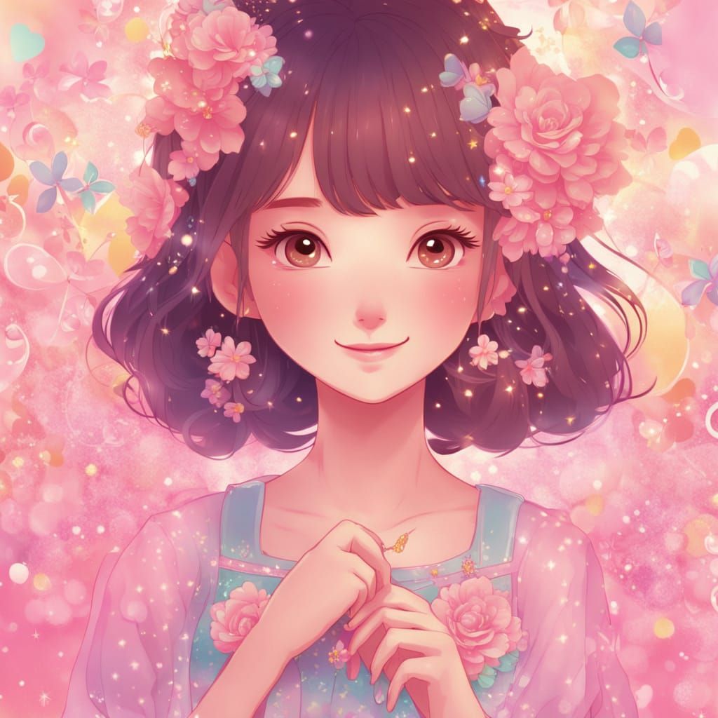 Cute Girl Smiling in Kawaii Style, Close-Up