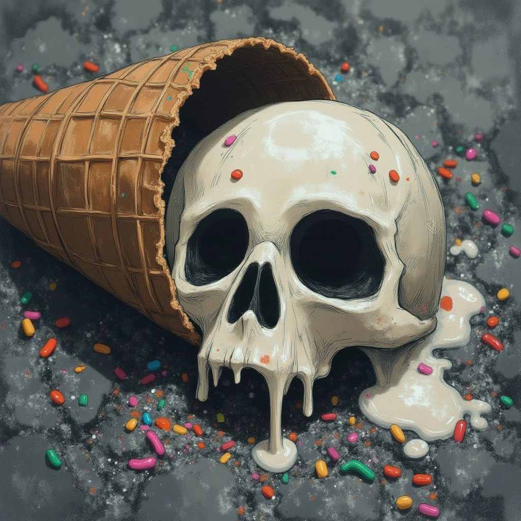 Skull Ice Cream Cone Meltdown: Charcoal Drawing