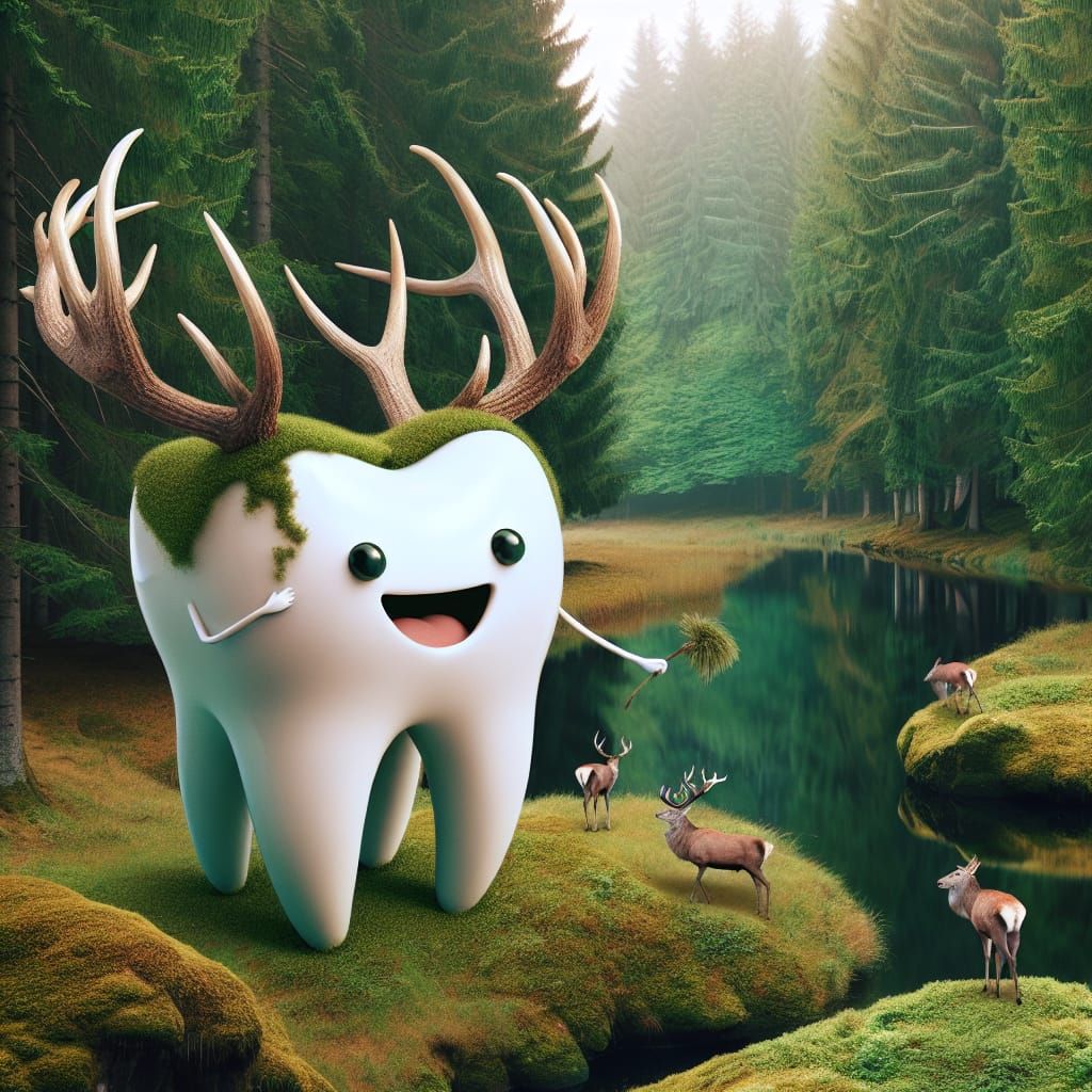 Tooth with Antlers Strolling Through Forest