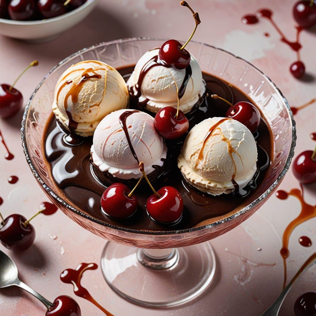 Vibrant Ice Cream Dessert with Sauces in Golden Light