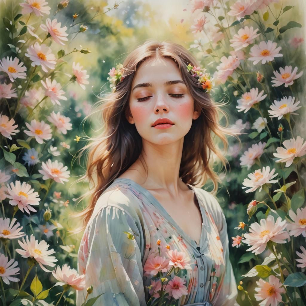 Impressionist Portrait of Woman in a Flower Garden