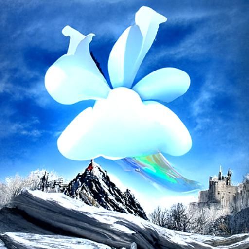 Heroic Knight Among Blue Tulips in Snowy Mountains