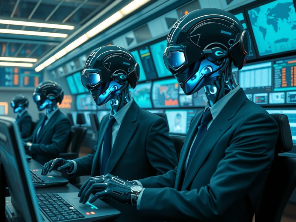 Futuristic Trading Room with Holographic Screens and Android...