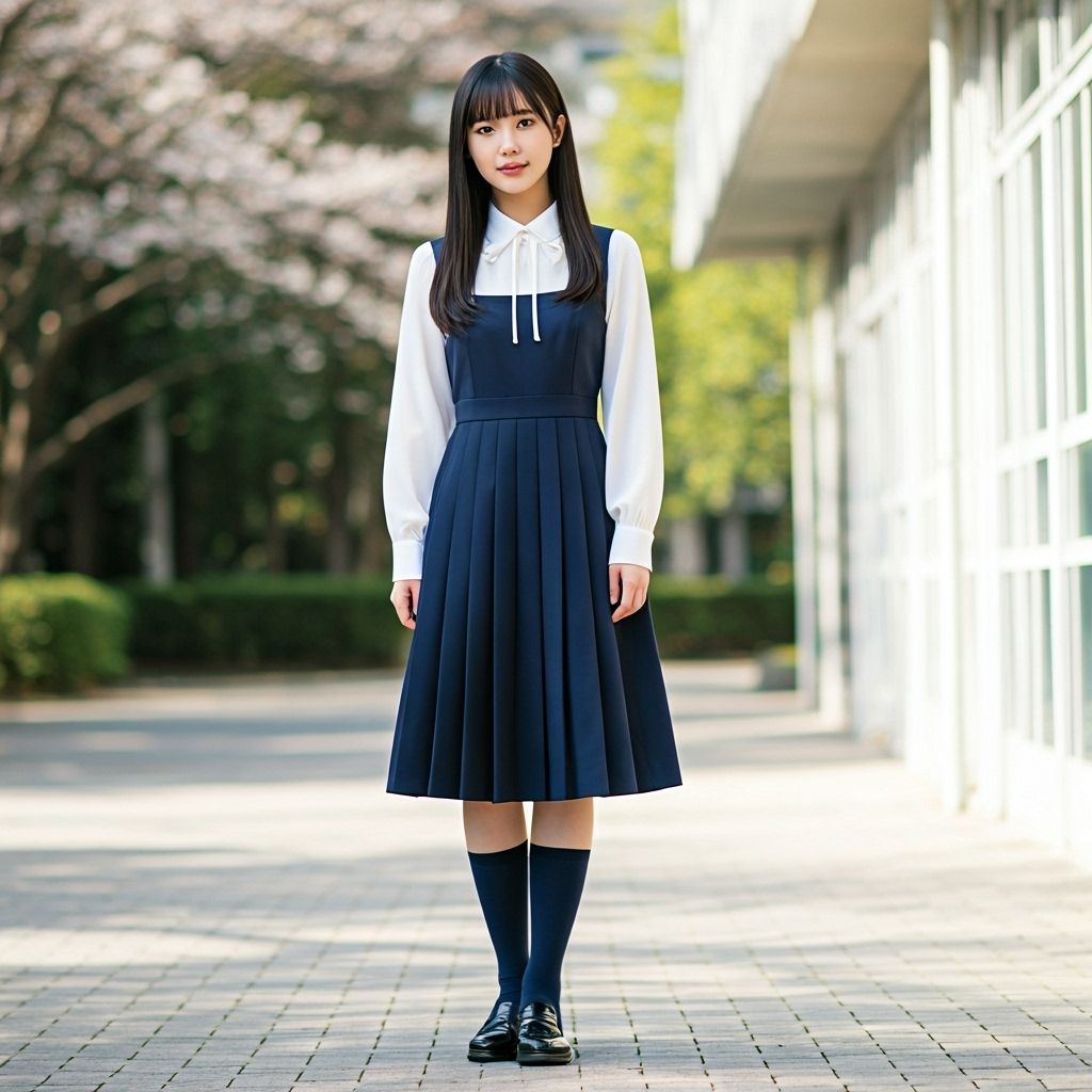 Young Woman in Stylish Japanese School Uniform with Unique B...