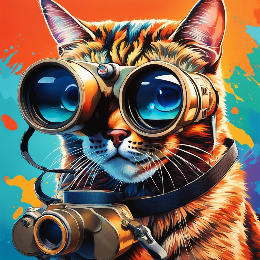 Hyperrealistic Cat with Binoculars Splash Art