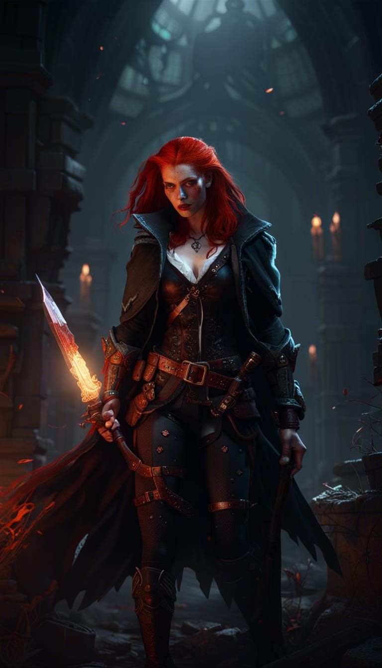 Redhead Vampire Hunter in Dark Fantasy Style