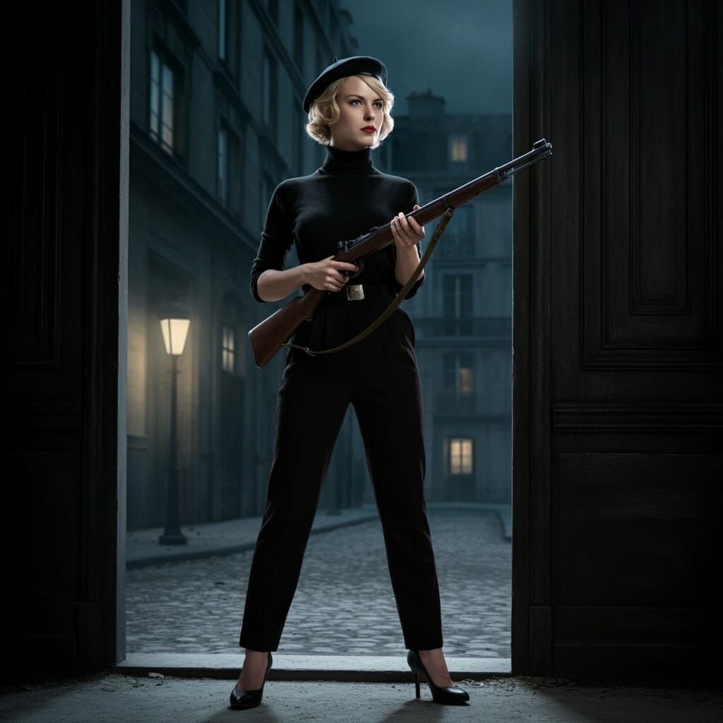 Vintage Paris Woman with Rifle in Comic Book Art